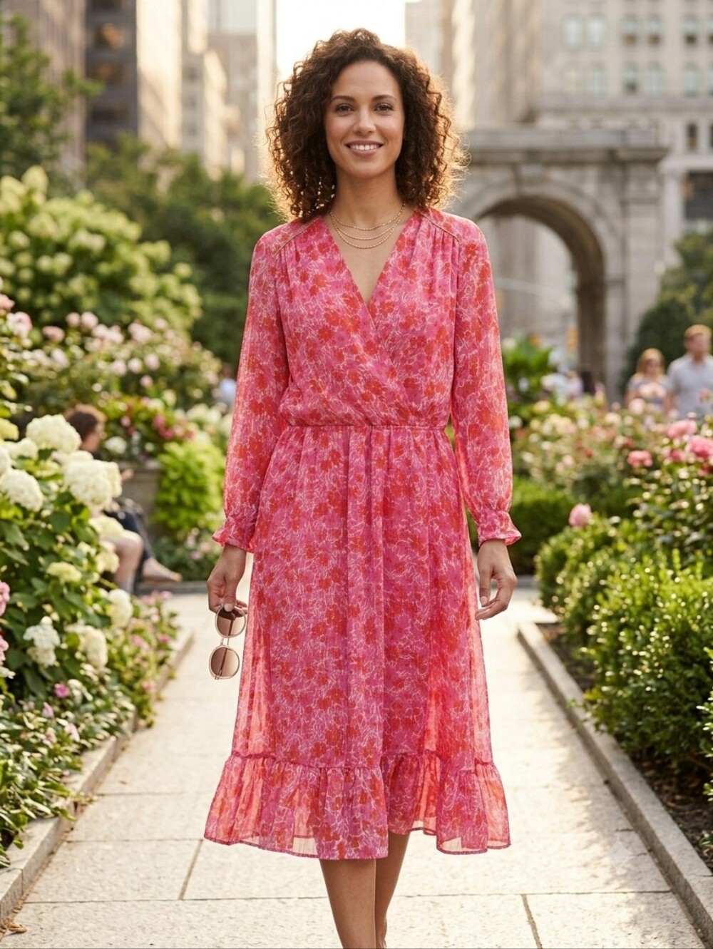 Axara Paris Women's Pink Metalic Floral Ruffle Hem Midi Dress Size Large
